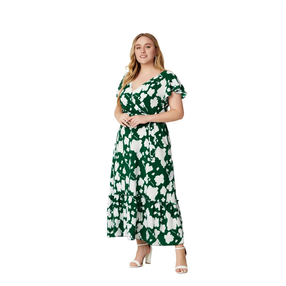 European And American Style Plus Size V-Neck Printed Dress For Women