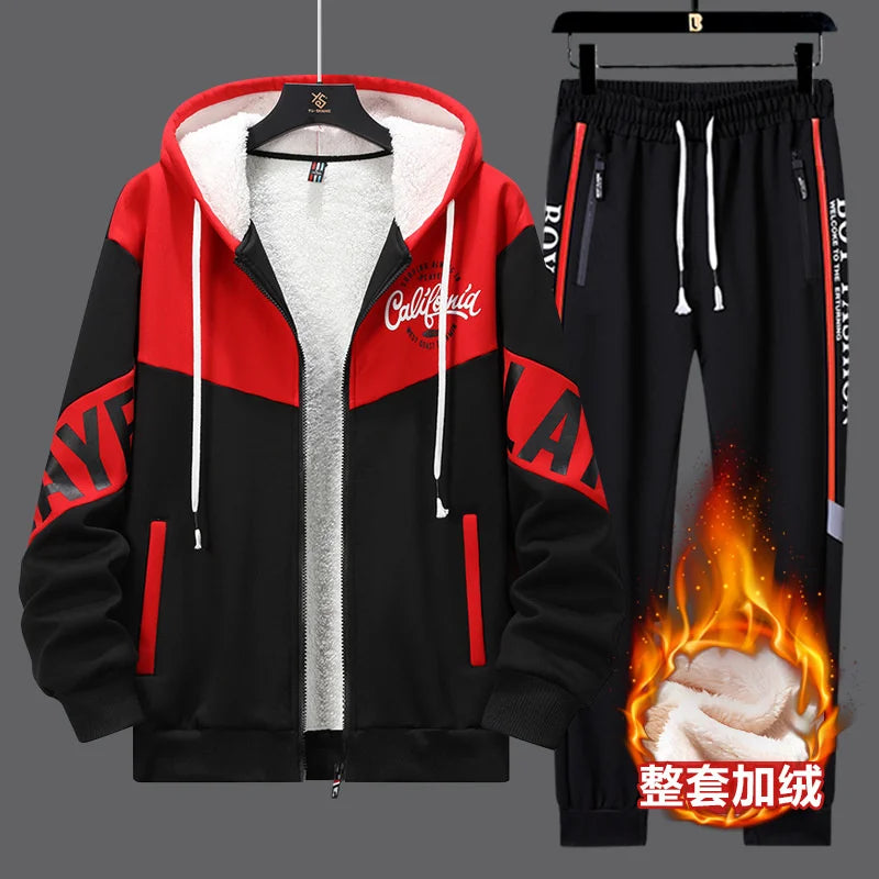 New Tracksuit Set Men Winter Warm Thick Hoodie Cardigan Zipper Sweatshirt Sweatpants 2 Piece