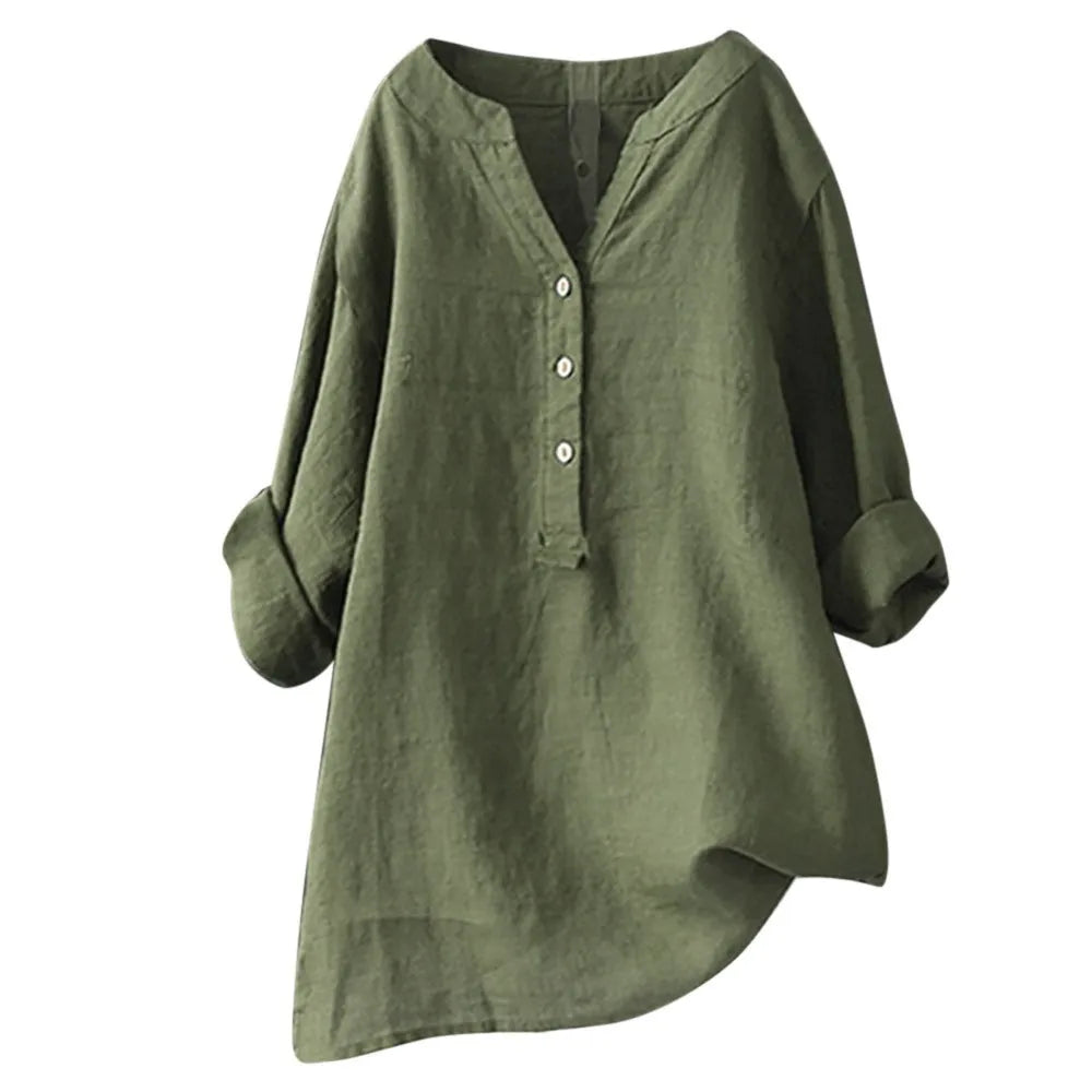 Cotton Linen Shirts Casual Loose Blouse Blended Oversize Long Sleeved V Neck Tops