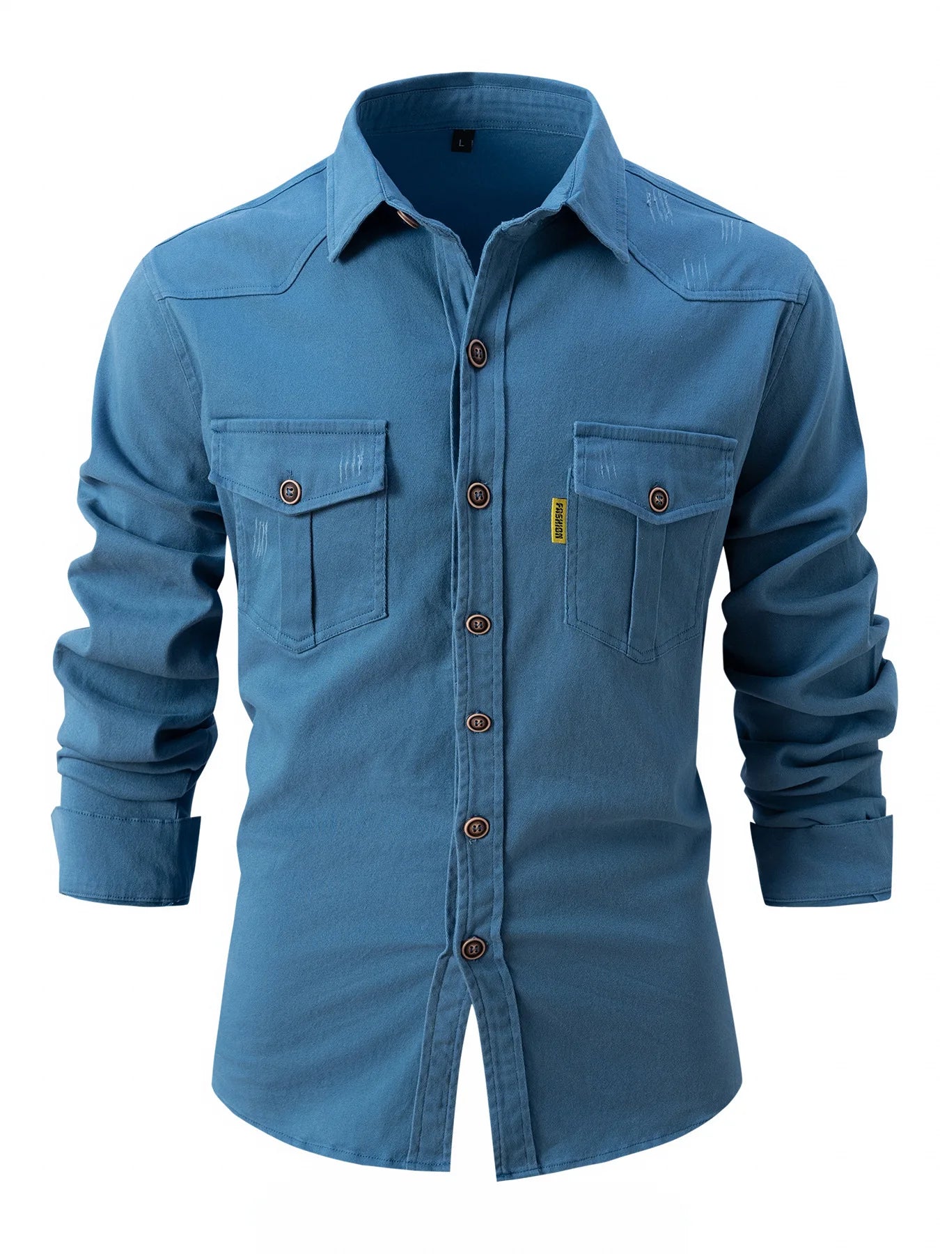 Autumn men's denim cotton linen single-breasted lapel pocket long sleeve shirt slim top