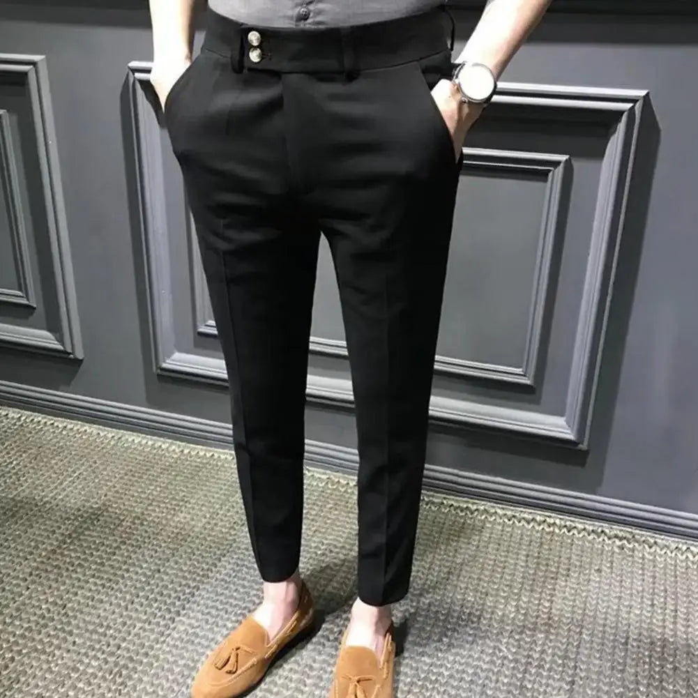 Trendy Ninth Suit Pants Office Slim Fit Wear-resistant Zip Up Ninth Suit Pants  Ankle Length Ninth Trousers Male Garment