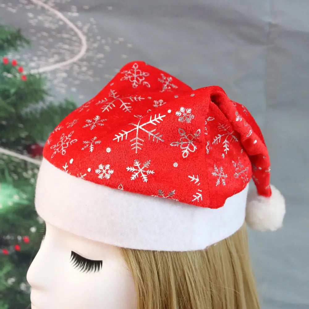 Christmas Hat With Printed Gold Silver Snowflakes Classic Plush Santa Hat