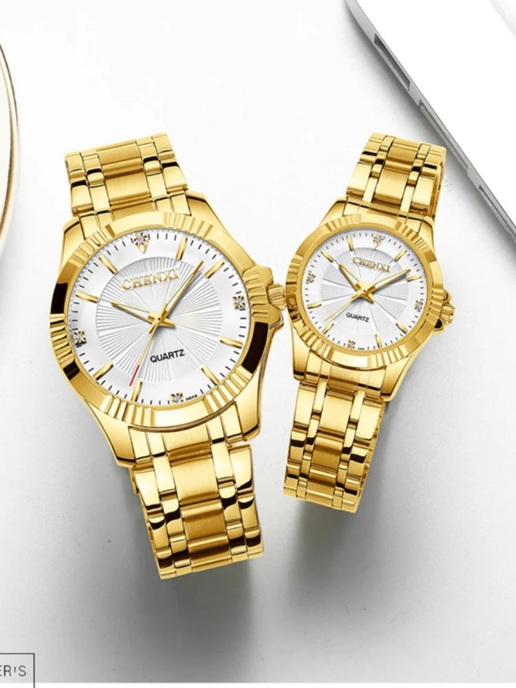 Stainless Steel Unique Golden Woman Men Business Quartz Wristwatch