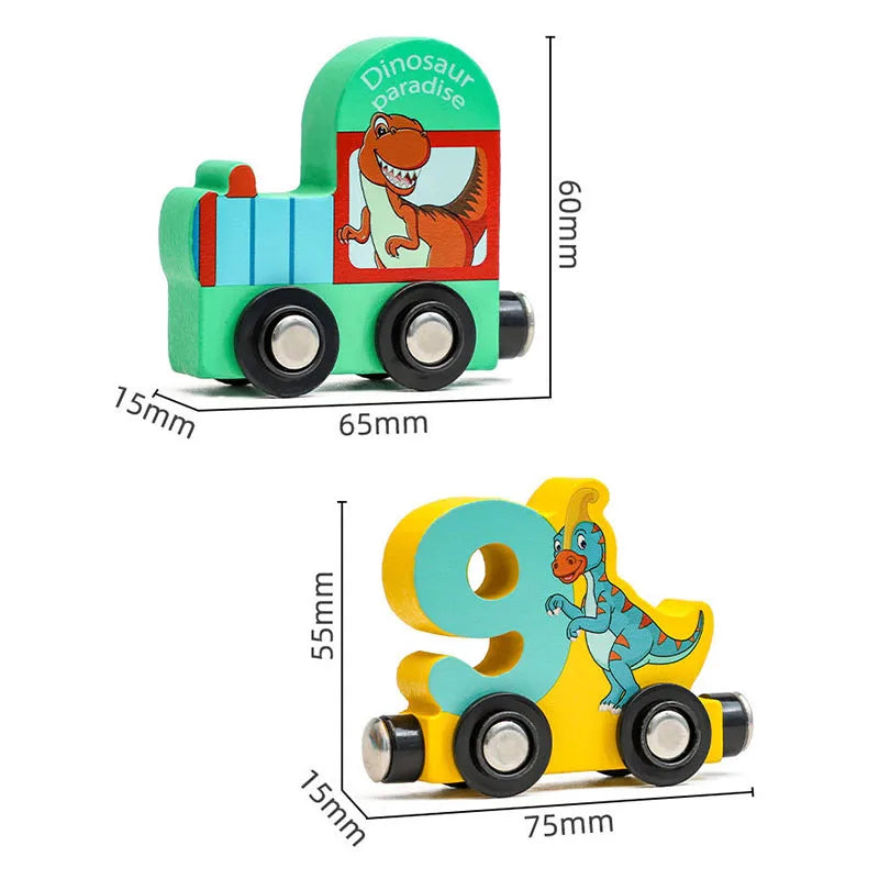 Magnetic Dinosaur Train Toys Set Wooden Number Transport Vehicle Puzzle