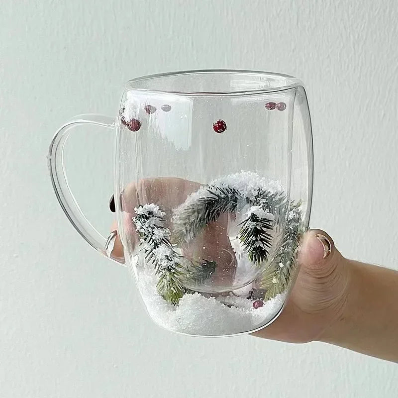 Double Wall Glass Cup Christmas Pine Leaf Snow Scene Coffee Cup Anti Scalding Heat Insulation Water Cup Xmas Gift Mug