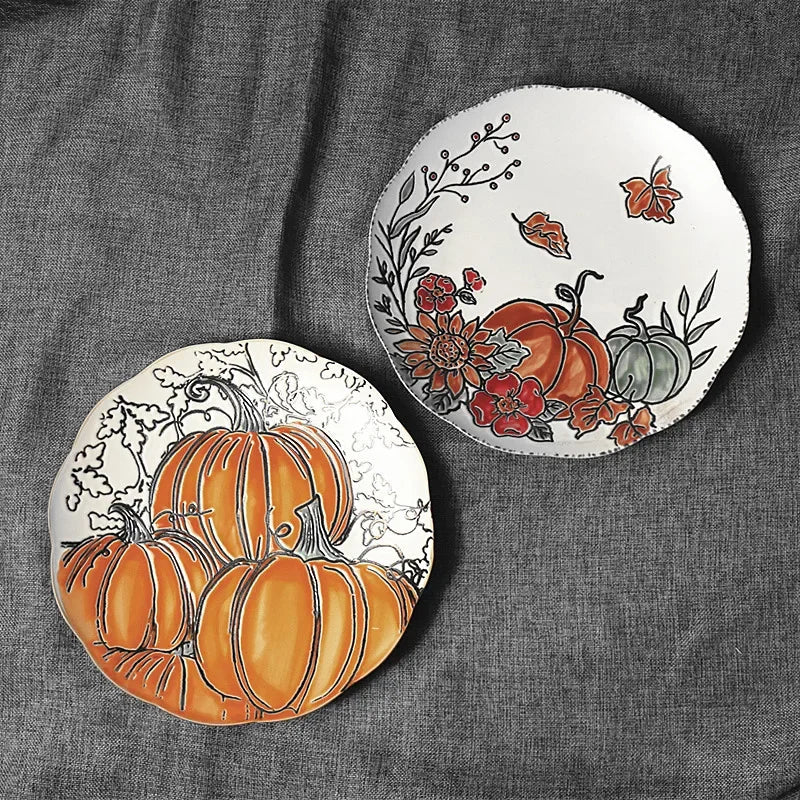 Nordic Ceramic Picnic Plate Hand-painted Pumpkin Dinner Plates