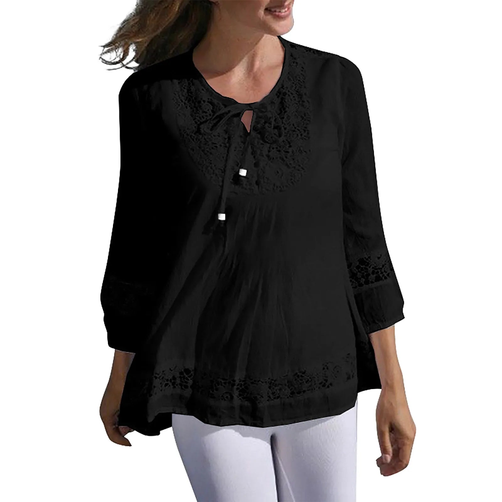 Spring And Summer Plus Size Fashion Vintage 3/4 Sleeve O-neck Pleated Lace Blouse