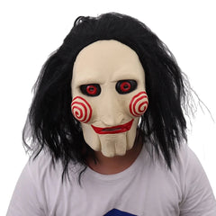 Movie Saw Chainsaw Massacre Jigsaw Puppet Masks with Wig Hair Latex Creepy Halloween Horror Scary mask Unisex Party Cosplay Prop