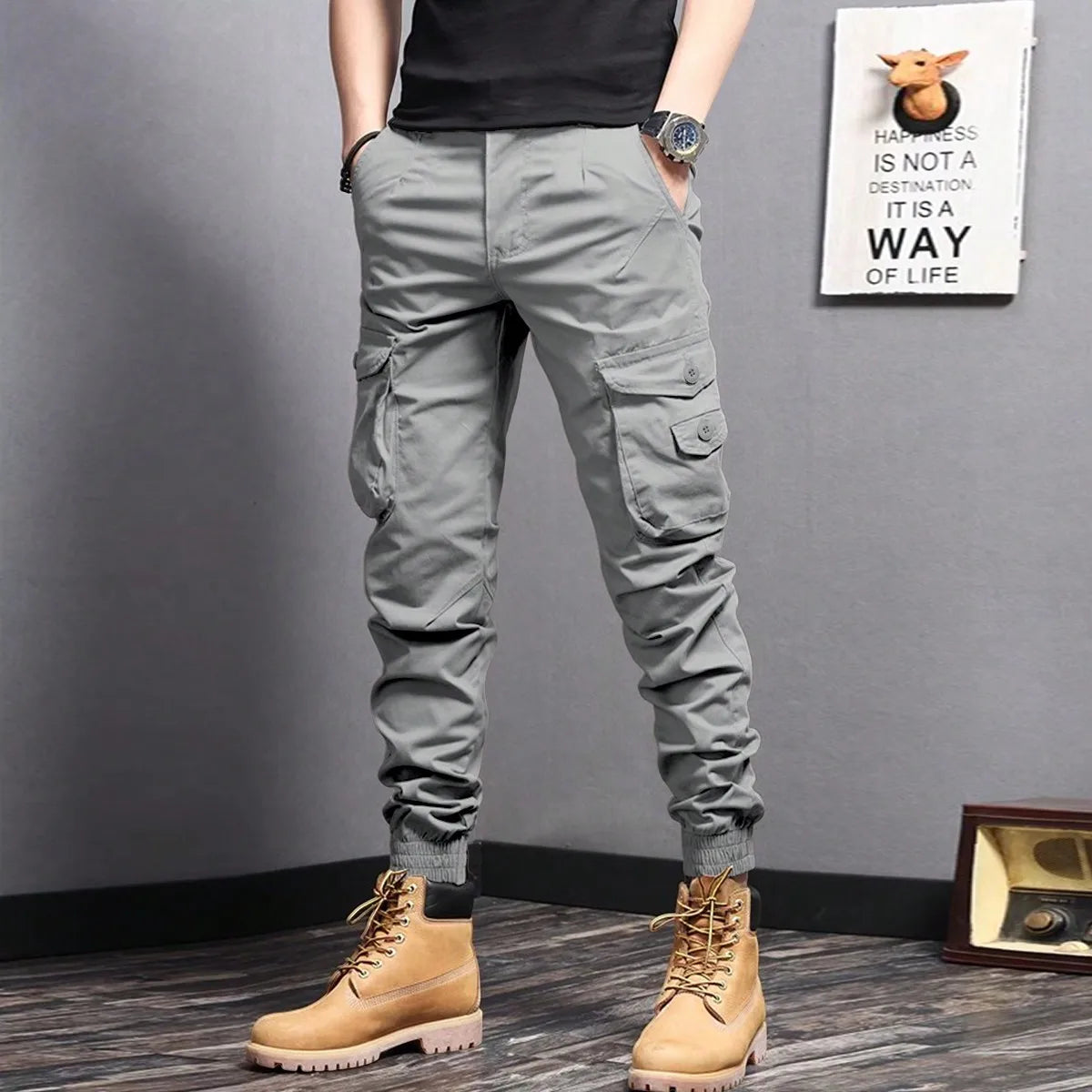 Casual Side Flap Pockets Workwear Tapered Pants, Men's Cargo Pants For Spring Fall Outdoor