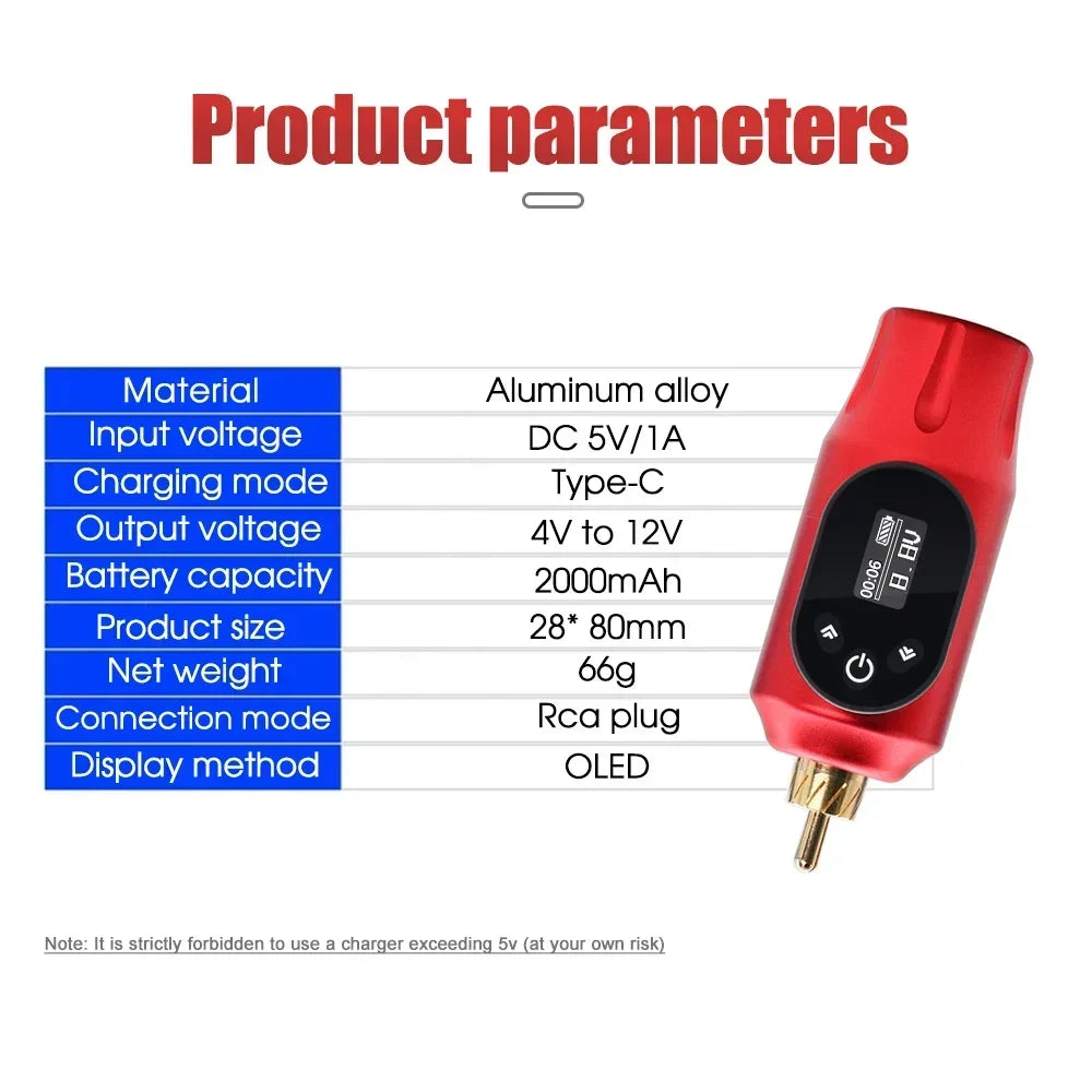 Professional Wireless Tattoo Power Supply 2000mHa Rechargeable Mini Portable Tattoo Battery RCA Jack for Rotary Tattoo Machine