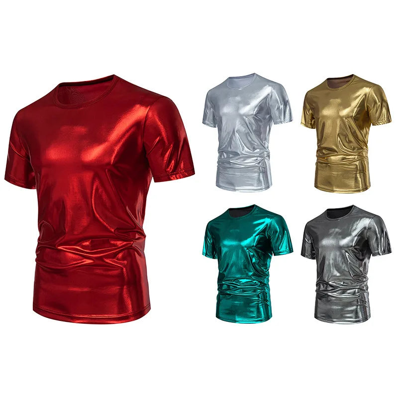 Spring/Summer T Shirt New Men's Party Stage Costume Tops Bright Short Sleeved Men's Casual Round Neck T-shirt