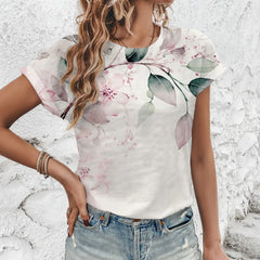 Women's Pure White Artistic Flower Pattern Print T-shirt Fashion Printing T-shirt