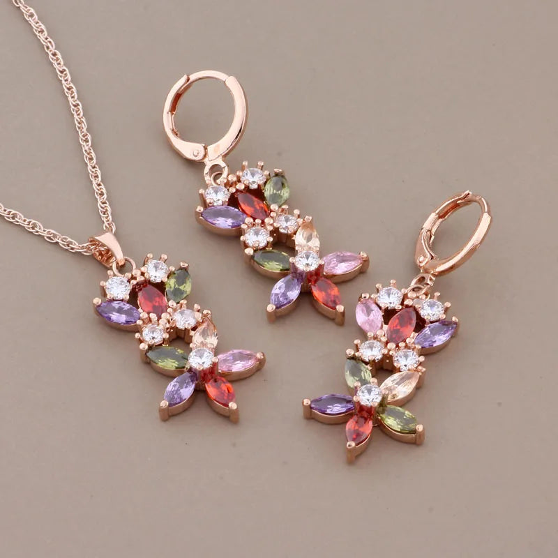 Rose Gold Color Jewelry Sets Colorful Zircon Hanging Earring High Quality Fashion Luxury Elegant Women's Set