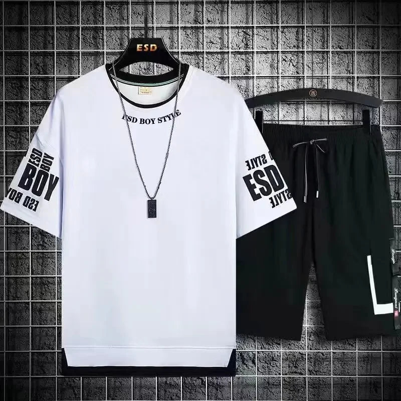 Mens Summer Short Sets Graphics T-shirt+Shorts Two Piece Set