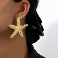 Boho Chic Beach Jewelry Accessories Gold Color Large Metal Seastar Star Starfish Stud Statement Earrings for Women