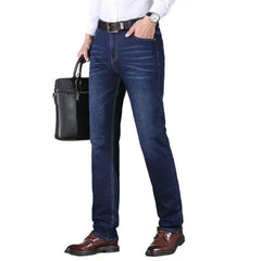 Plus Size 29-40 Men Brand Denim Jeans Business Casual Stretch Straight Gentleman Long Pants Blue Black Trousers Male