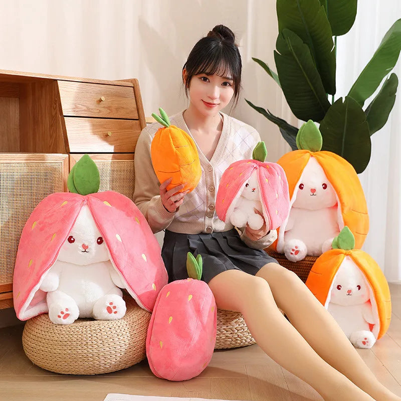 18cm Creative Funny Doll Carrot Rabbit Plush Toy Stuffed Soft Bunny Hiding in Watermelon Pitaya Fruit Bag