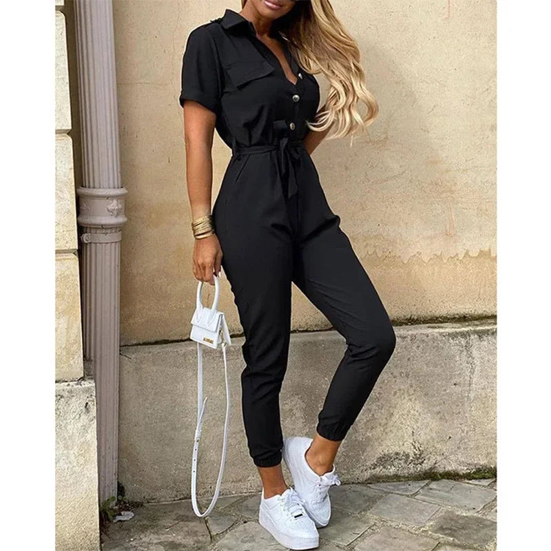 Women's Monochromatic Belt Workwear Jumpsuit