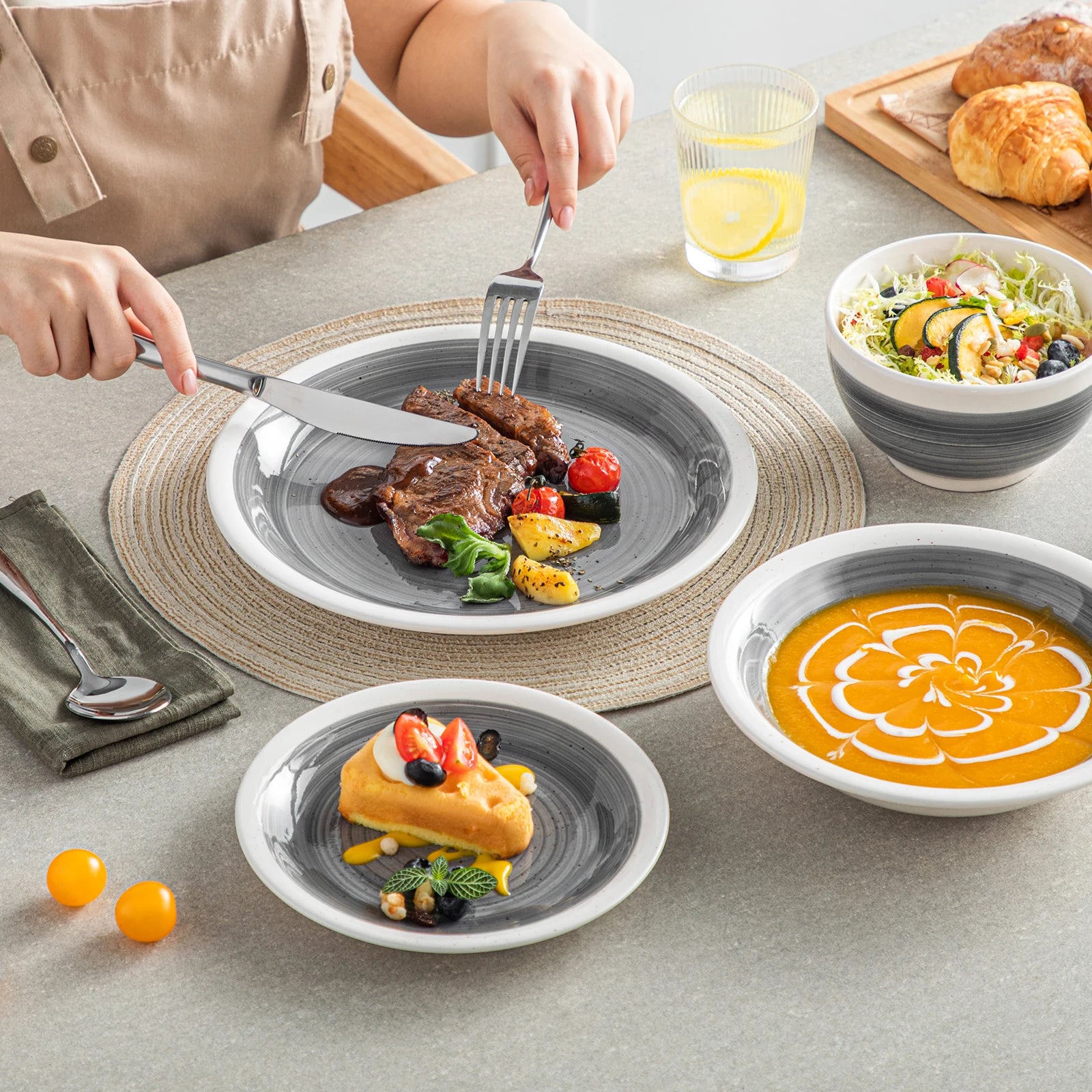 Grey Color Stoneware Tableware Set with Dinner/Dessert Plate Cereal/Pasta Bowl  For 4/8 Person