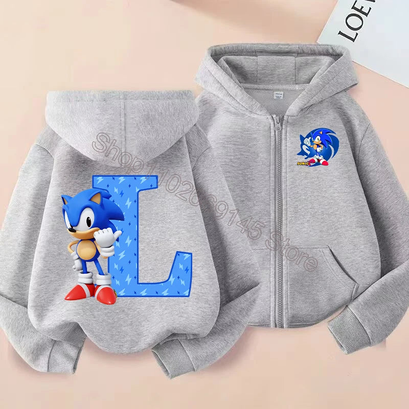 New Sonics Boys Zip-up Hoodies Kids Anime Hoodie Cartoon Letter Printed Tops Winter Warm Jacket Coat Autumn Children Clothing