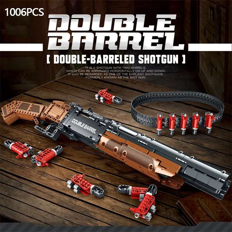 1006PCS Double Barrel Shotgun Weapon Model Building Blocks Military Classic Gun With Bullet Belt Bricks