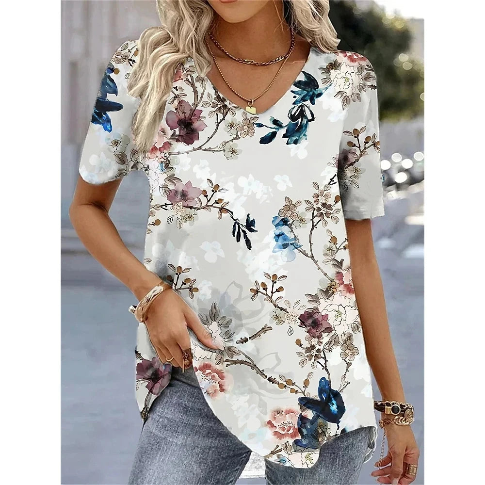 New Women's T-Shirt Summer V-Neck Tee Loose Casual Top Stripes Funny Printed Female Clothing Streetwear Women Pullover T Shirts