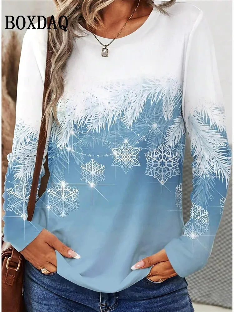 Christmas Snowflake Print T Shirt Casual Cute Cat Graphic O-Neck Long Sleeves Top