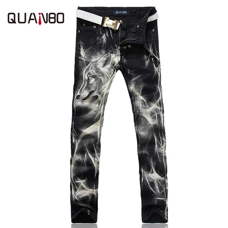 New Men's fashion wolf  printed jeans