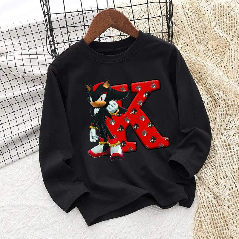 Sonics Kids Long Sleeves T-shirts Anime Print Letter Tee Spring Fall Thin Tops Cotton Children Crewneck Clothes Bottoming Shirt