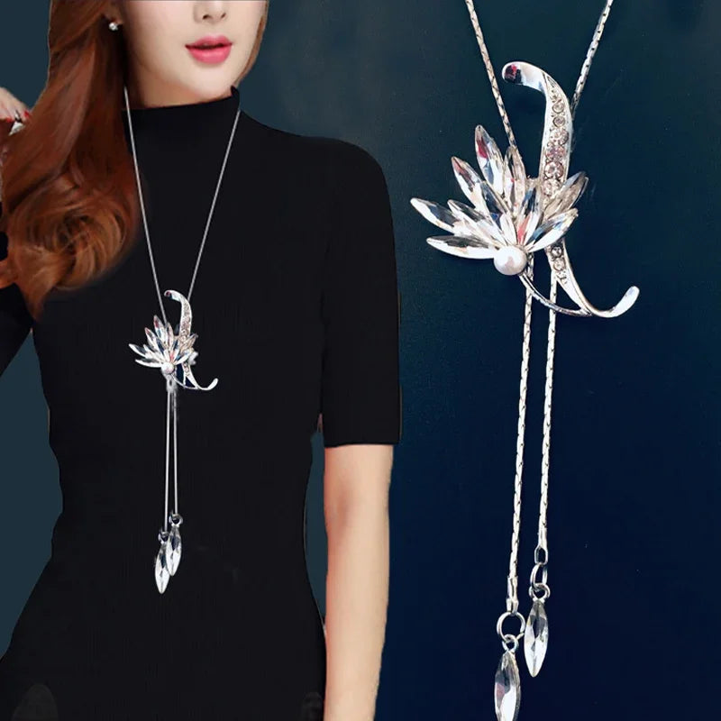 Snowflake Zircon Long Chain for Women Fashion Silver Color Crystal Maxi Necklaces & Pendants