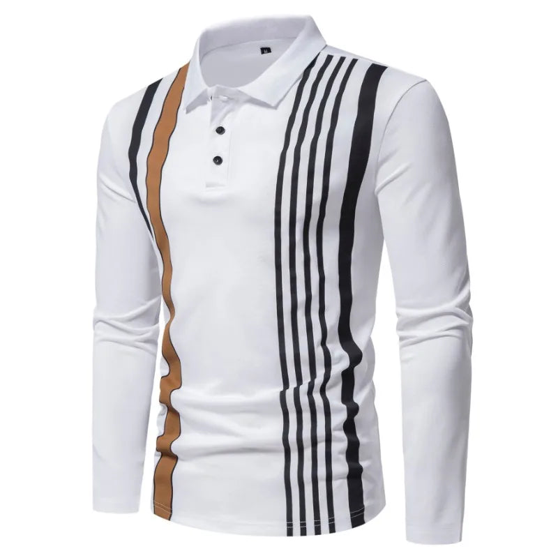 Autumn New Solid Stripe Design Polo Polo Polo Collar Men's Long Sleeve Shirt