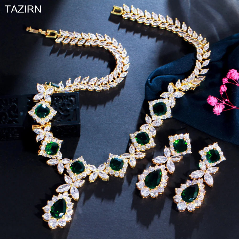 Cubic Zirconia Wedding Bride Floral Jewelry Set for Women CZ Necklace Earrings Dubai Nigeria Crystal Choker Set