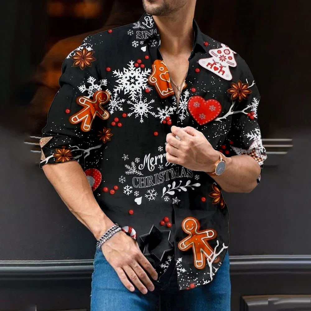 classic shirt 3D printing long sleeve high-end men's shirt fashion daily stitching party Christmas style snowman