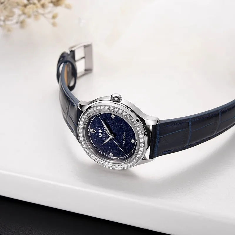 Diamond Blue Dial Quartz Watch Women Simple Premium Leather Strap Luxury Waterproof Ladies Watch