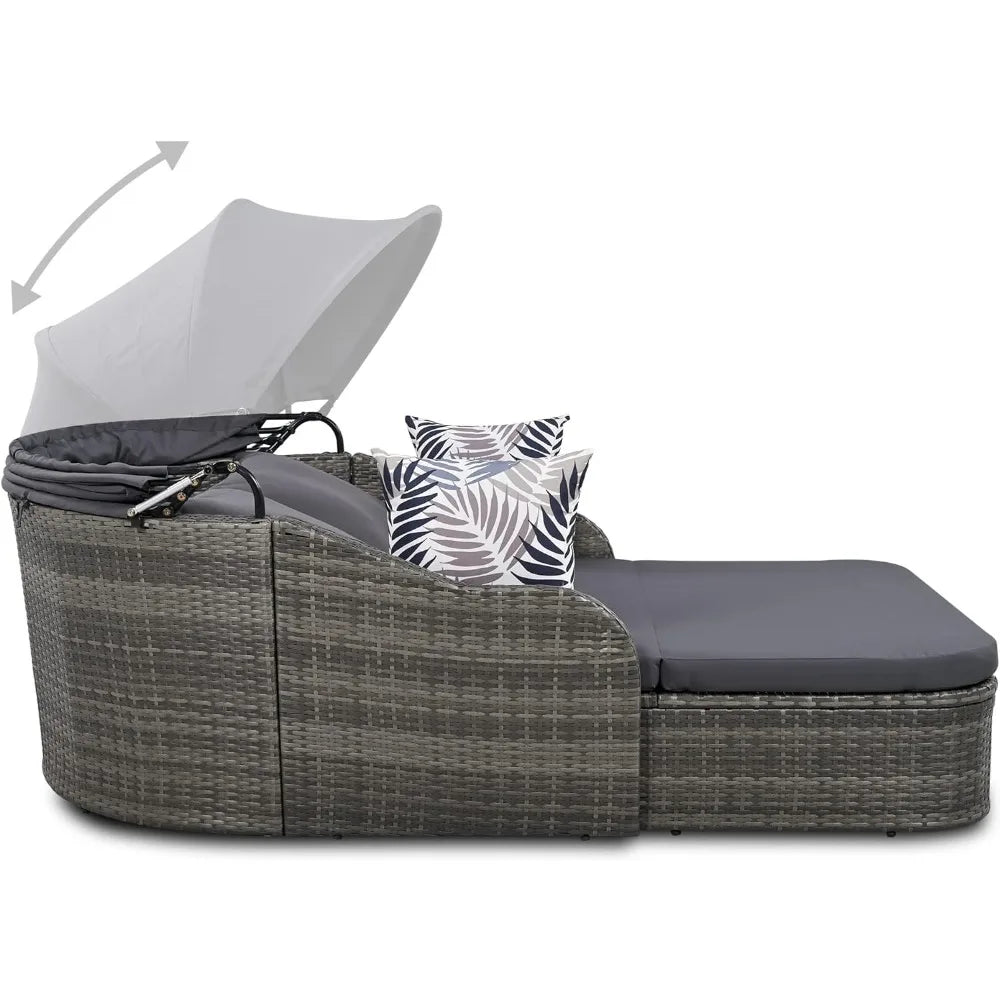79.9" Outdoor Daybed with Adjustable Canopy, Patio PE Rattan Sunbed with Curved Armrests, Cushions and 4 Pillow