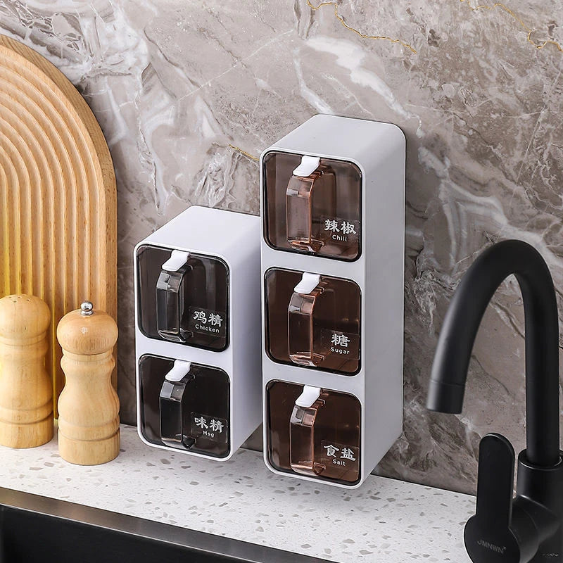 Wall Mount Seasoning Organizer Box Set Salt Shaker Spice Rack Compartment Storage Box