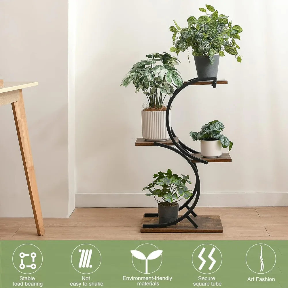 Plant Stand Indoor 4-Tier wrought iron Green Plant Stand Use Office Home Décor, Wood(S style)…