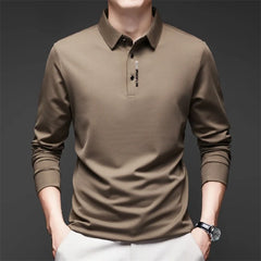 New Men's Business Casual Long Sleeved Shirt with Badge Solid Color Polo Shirt Fashionable Breathable Comfortable Versatile Top