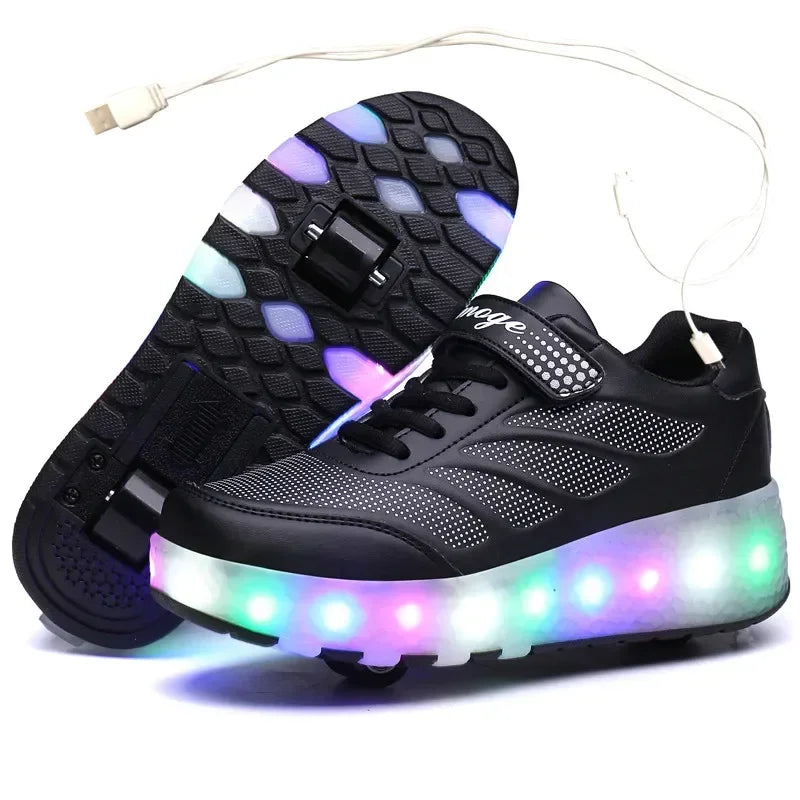 USB Charging Black Two Wheels Luminous Sneakers Led Light Roller Skate Shoes for Children