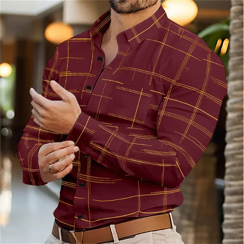 Brand New Boyfriend Shirt Long Sleeve Slim Fit Button Lapel Men's Tops 2024 Fall Fashion 3D Stripe Print Party Shirt