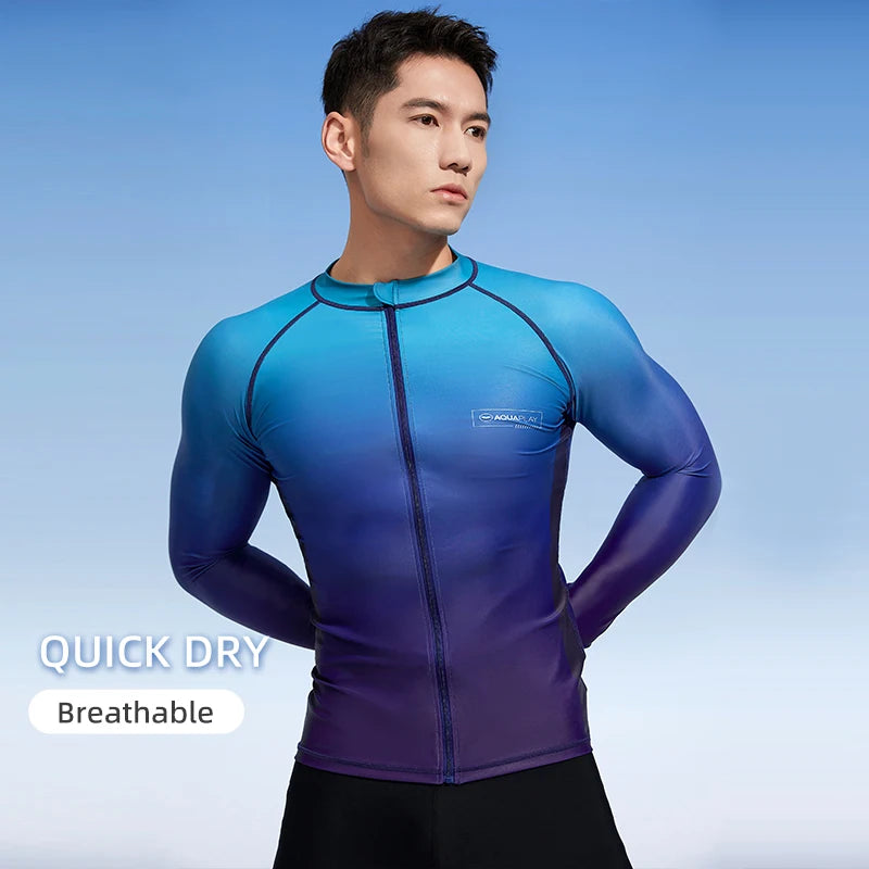 Men‘s Rash Guard Surfing Diving Swimwear Full Zipper Long Sleeve Suit Swimming Surf Clothing Outdoor Sport Fitness