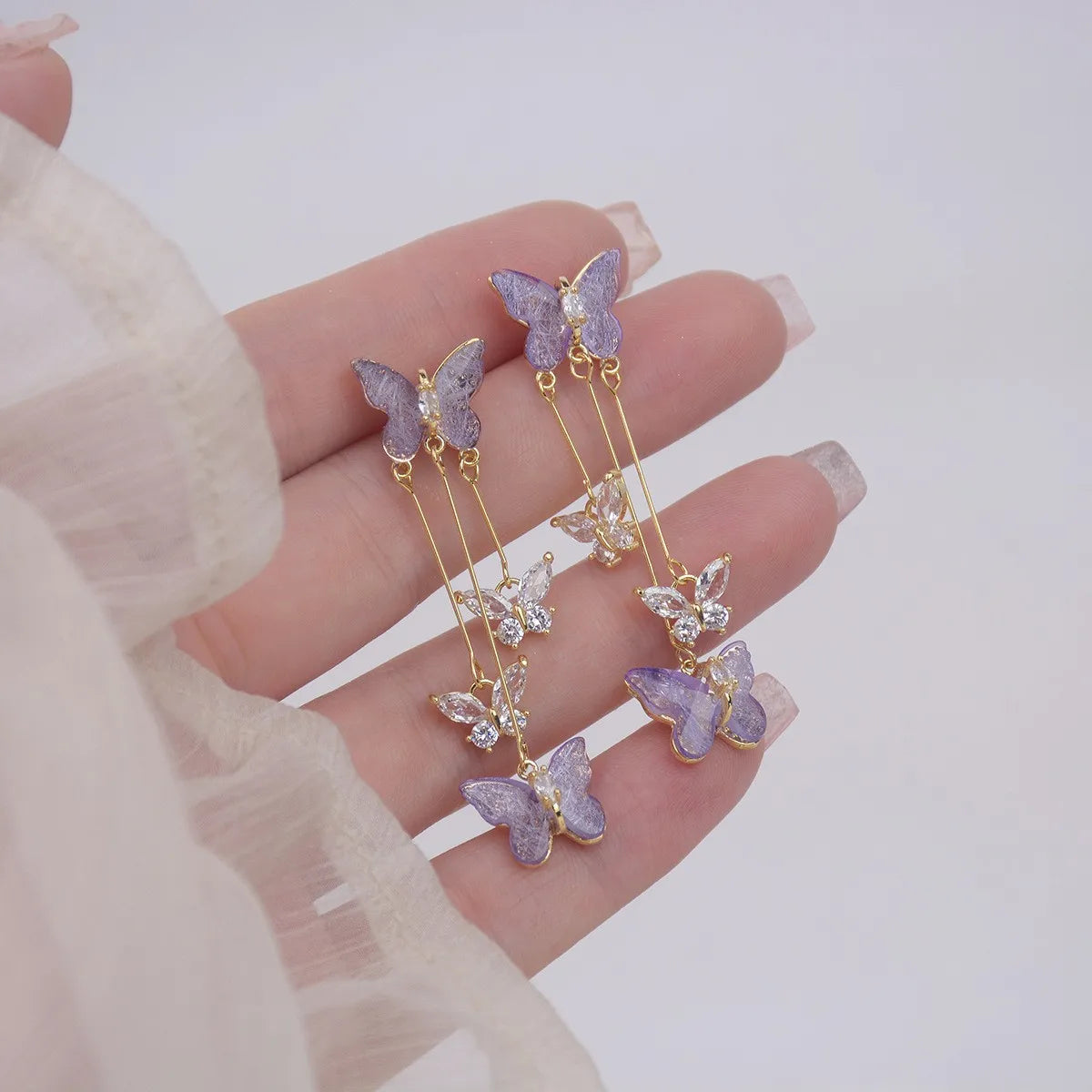 Silver Needle Purple Butterfly Long Tassel Earrings For Women Jewelry