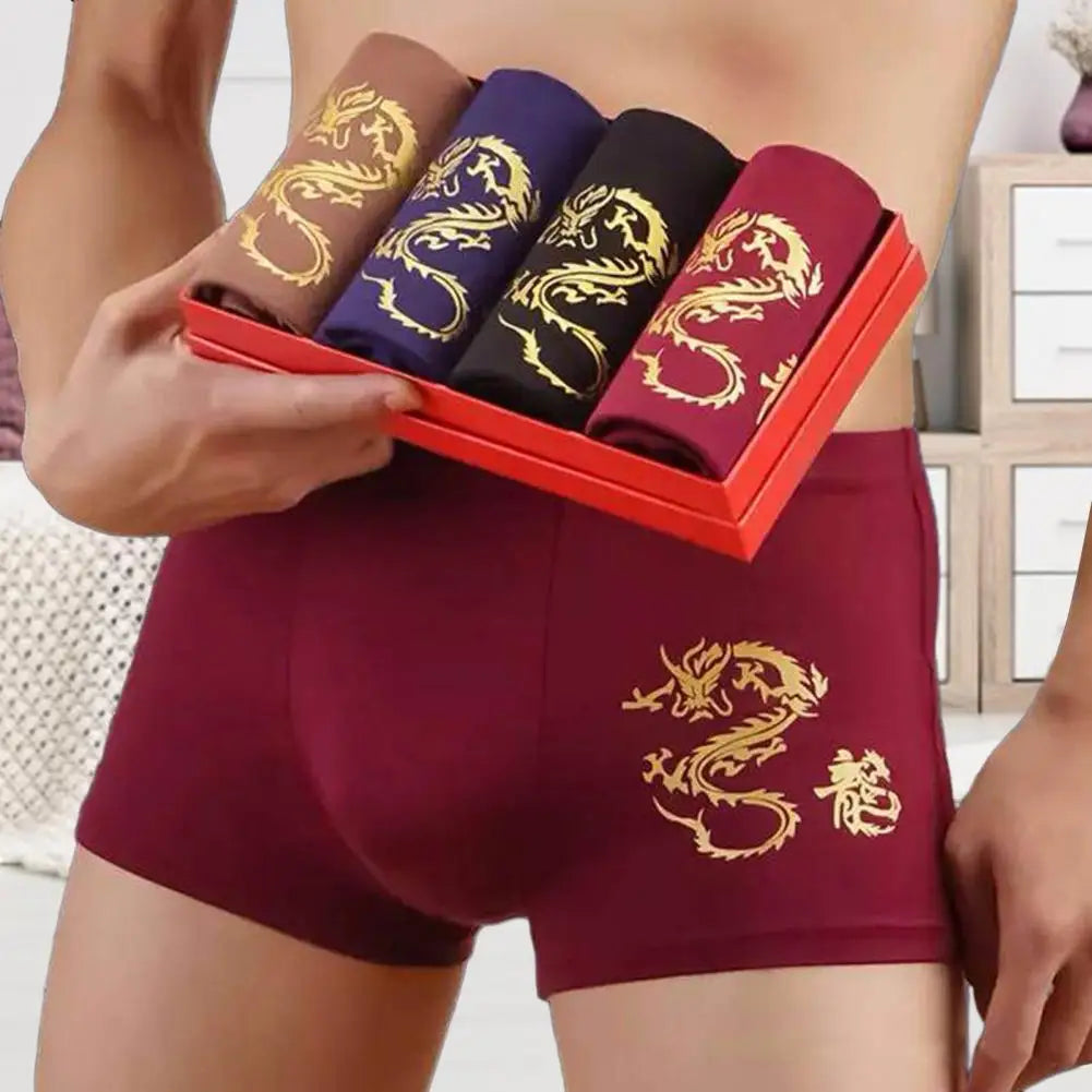 Men Dragon Print Undergarments 4 Pcs Men's Seamless Soft Breathable Boxers