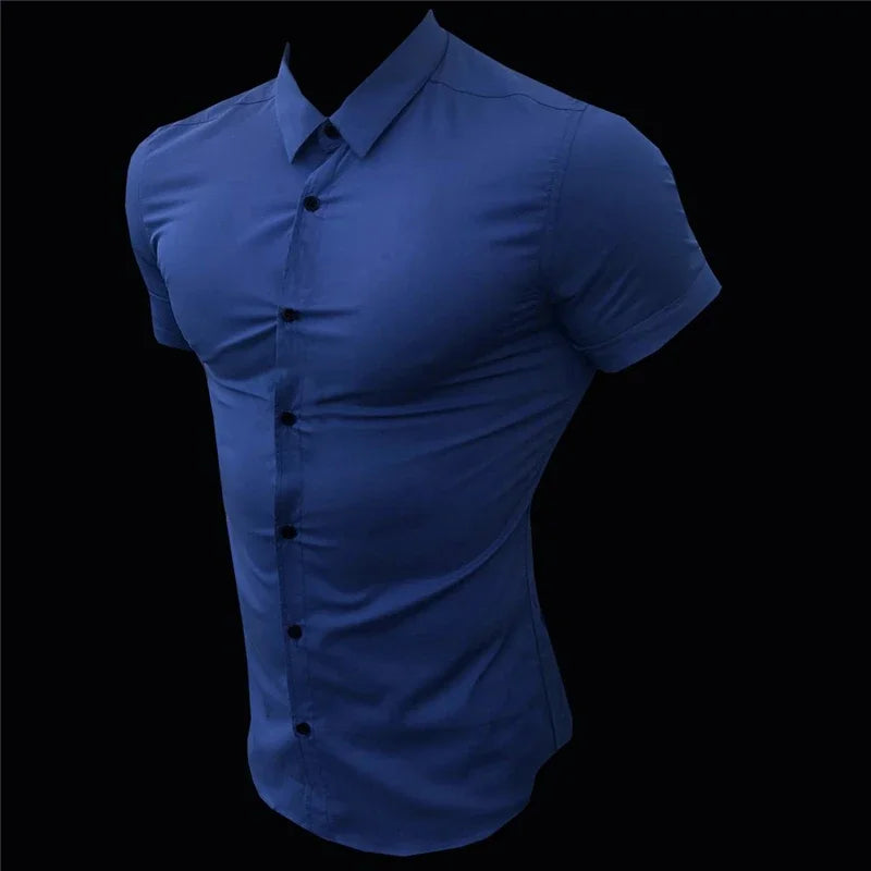 Summer Fashion Short Sleeve Shirt Men Super Slim Fit Male Casual Social Business Dress Shirt Brand Men Fitness Sports Clothing