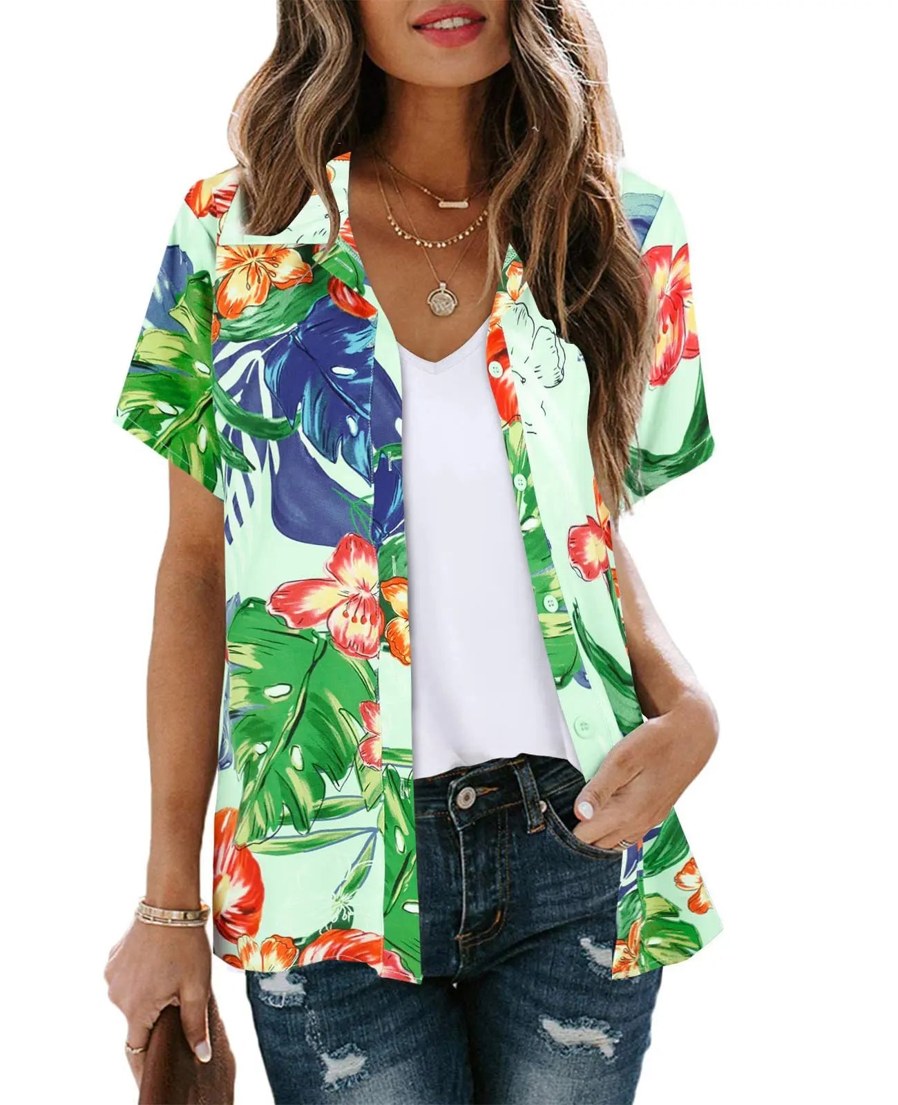 Bohemian Beach Holiday Shirt & Blouse Women Fashion Short Sleeve Button Shirts