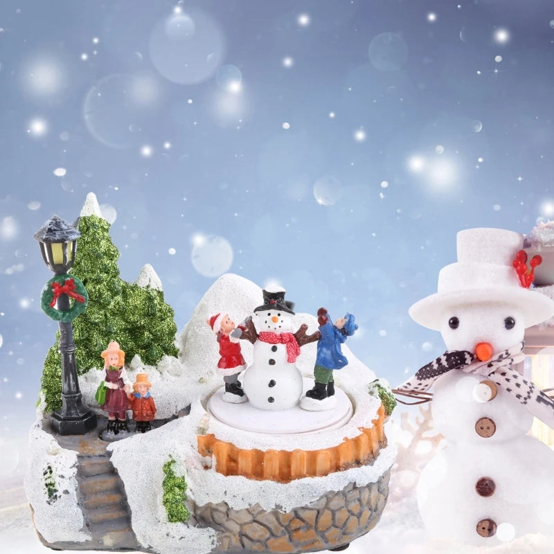 Christmas LED Light Musical Village Resin Ornament Revolving Snowman Tree Decor