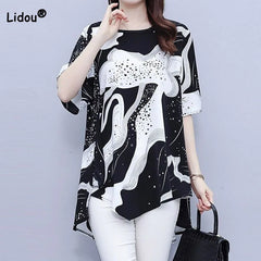 Female Casual Korean Printed Irregular T-shirt