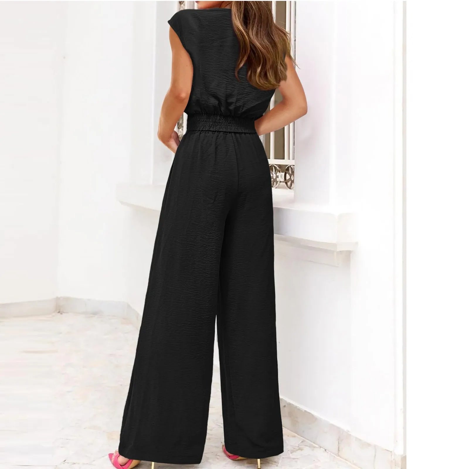 Women's Suits  Summer Casual Loose Lace Up Sexy Short Sleeve Tops High Waist Wide Leg Pants Two Piece Sets Women