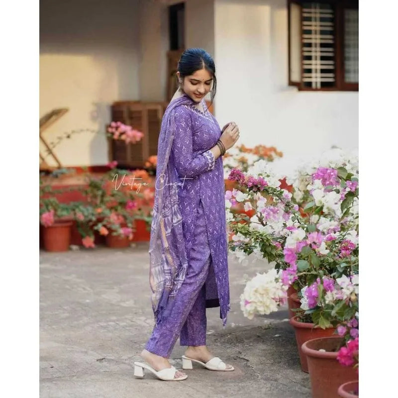 Purple Cotton Fabric Kurta Palazzo with Dupatta Set Readymade Salwar Kameez Suit Kurti