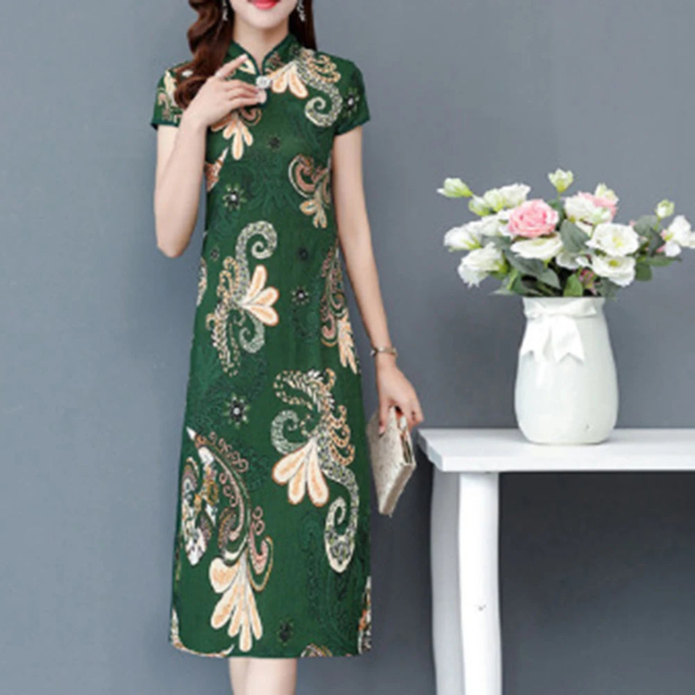 Chinese National Cheongsam Chinese National Style Floral Print Stand Collar Women's Dress